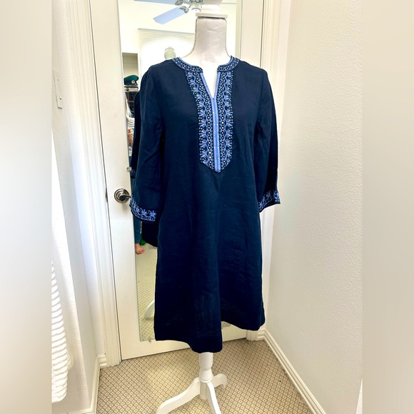 chico's beaded linen dress Chicos Navy Blue Embellished Beaded Linen Dress